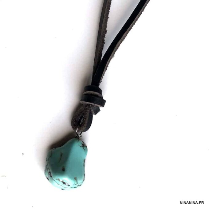 N7167o Collier ethnique turquoise homme pendentif pierre naturelle bleue lacet cuir marron - Bijoux Colliers en ligne Ninanina
