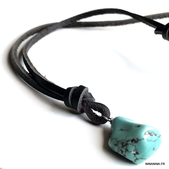 N7167p Collier ethnique turquoise homme pendentif pierre naturelle bleue lacet cuir marron - Bijoux Colliers en ligne Ninanina