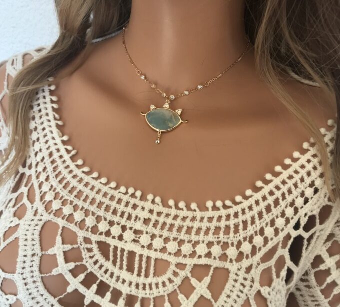 N7169 Ras de cou mauvais oeil - Collier protecteur Amazonite bleu - Bijoux Colliers en ligne Ninanina