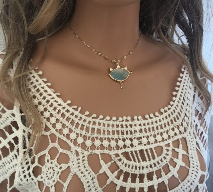 N7169d Ras de cou mauvais oeil - Collier protecteur Amazonite bleu - Bijoux Colliers en ligne Ninanina