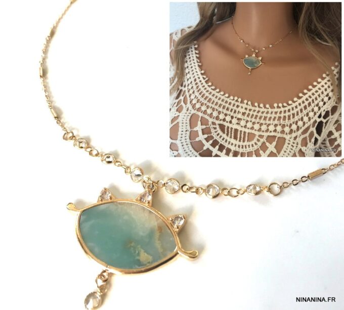 N7169e Ras de cou mauvais oeil - Collier protecteur Amazonite bleu - Bijoux Colliers en ligne Ninanina