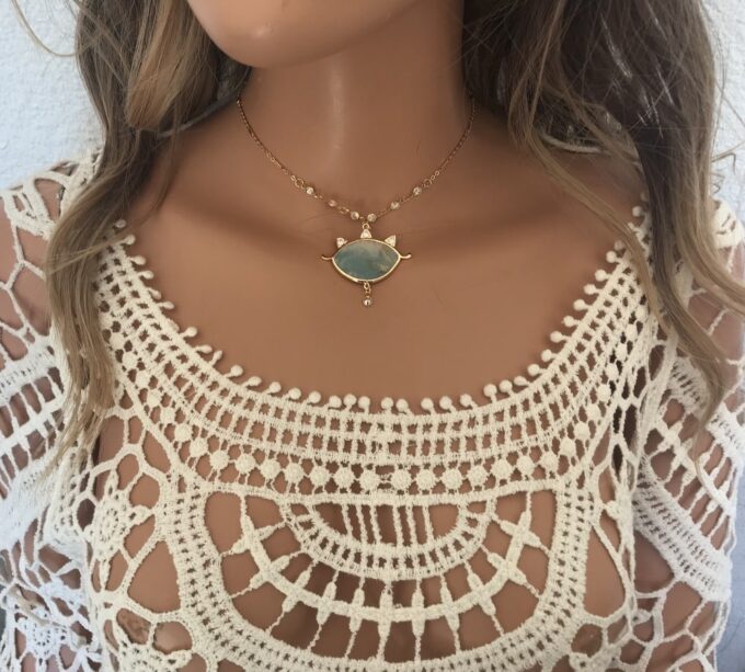 N7169h Ras de cou mauvais oeil - Collier protecteur Amazonite bleu - Bijoux Colliers en ligne Ninanina