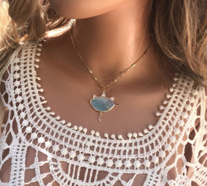 N7169i Ras de cou mauvais oeil - Collier protecteur Amazonite bleu - Bijoux Colliers en ligne Ninanina