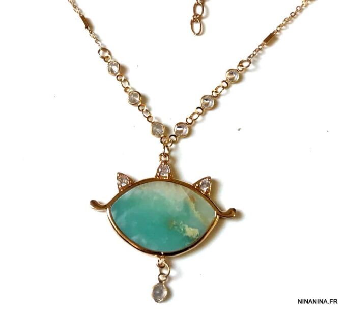 N7169k Ras de cou mauvais oeil - Collier protecteur Amazonite bleu - Bijoux Colliers en ligne Ninanina