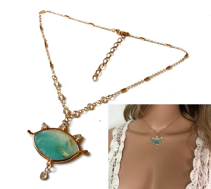 N7169m Ras de cou mauvais oeil - Collier protecteur Amazonite bleu - Bijoux Colliers en ligne Ninanina
