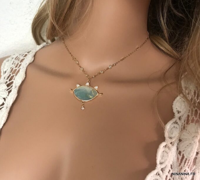 N7169n Ras de cou mauvais oeil - Collier protecteur Amazonite bleu - Bijoux Colliers en ligne Ninanina