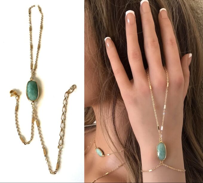 N7171 Bracelet Amazonite bleu avec bague reliée plaqué or - Bijoux Bracelets en ligne Ninanina