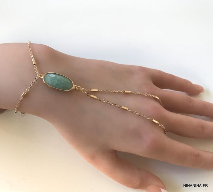 N7171b Bracelet Amazonite bleu avec bague reliée plaqué or - Bijoux Bracelets en ligne Ninanina