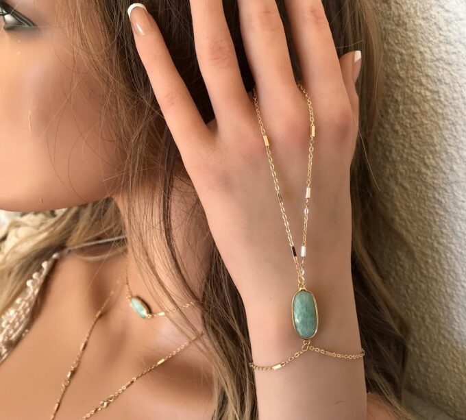 N7171c Bracelet Amazonite bleu avec bague reliée plaqué or - Bijoux Bracelets en ligne Ninanina