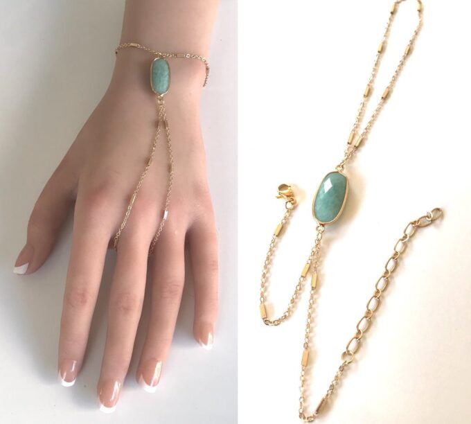 N7171d Bracelet Amazonite bleu avec bague reliée plaqué or - Bijoux Bracelets en ligne Ninanina