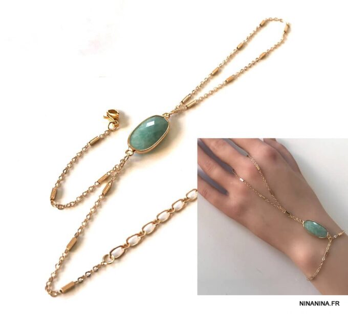 N7171e Bracelet Amazonite bleu avec bague reliée plaqué or - Bijoux Bracelets en ligne Ninanina