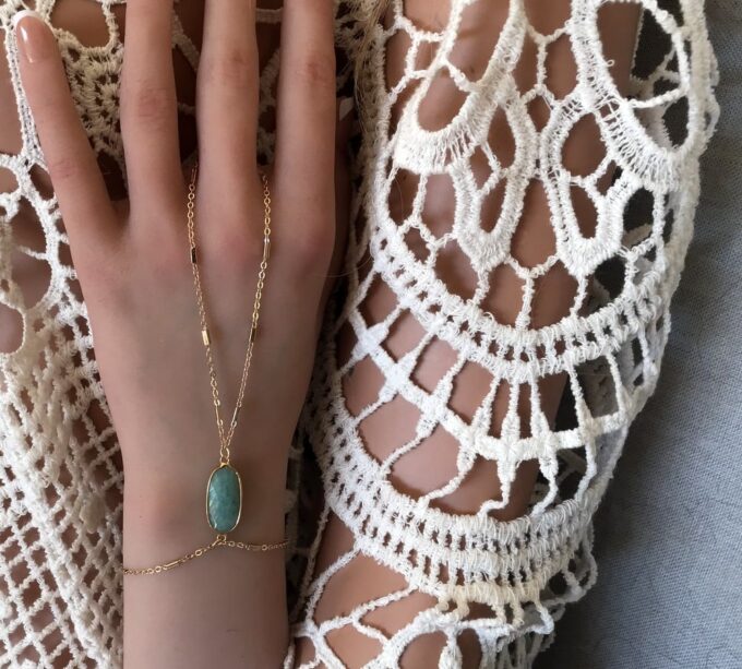 N7171f Bracelet Amazonite bleu avec bague reliée plaqué or - Bijoux Bracelets en ligne Ninanina