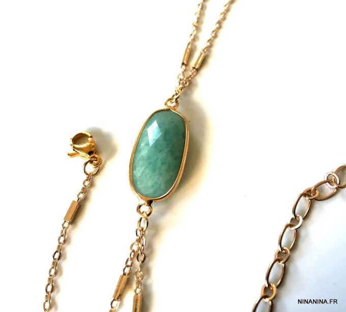 N7171h Bracelet Amazonite bleu avec bague reliée plaqué or - Bijoux Bracelets en ligne Ninanina
