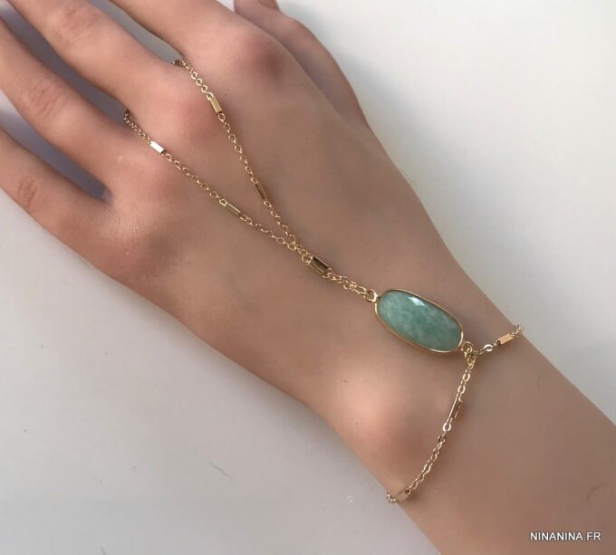 N7171i Bracelet Amazonite bleu avec bague reliée plaqué or - Bijoux Bracelets en ligne Ninanina