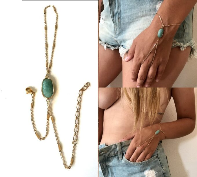 N7171k Bracelet Amazonite bleu avec bague reliée plaqué or - Bijoux Bracelets en ligne Ninanina