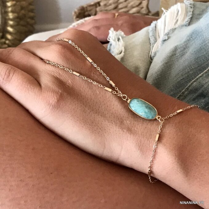 N7171t Bracelet Amazonite bleu avec bague reliée plaqué or - Bijoux Bracelets en ligne Ninanina