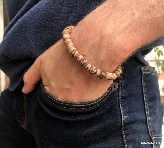 N7172h Bracelet jaspe paysage marron homme ou femme boules 8mm - Bijoux Bracelets en ligne Ninanina