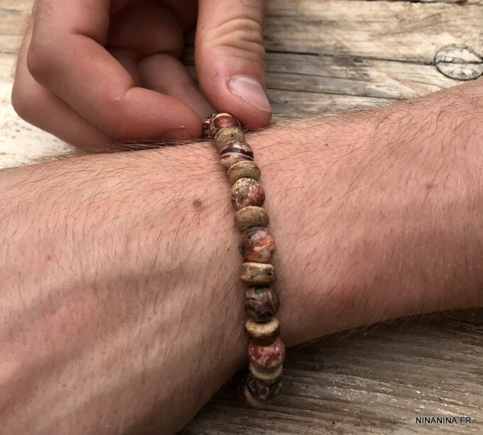 N7172j Bracelet jaspe paysage marron homme ou femme boules 8mm - Bijoux Bracelets en ligne Ninanina