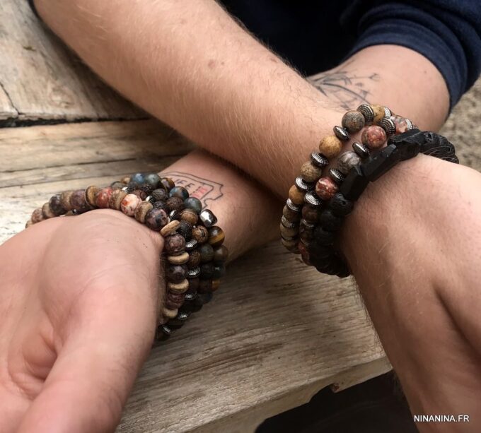N7172l Bracelet jaspe paysage marron homme ou femme boules 8mm - Bijoux Bracelets en ligne Ninanina