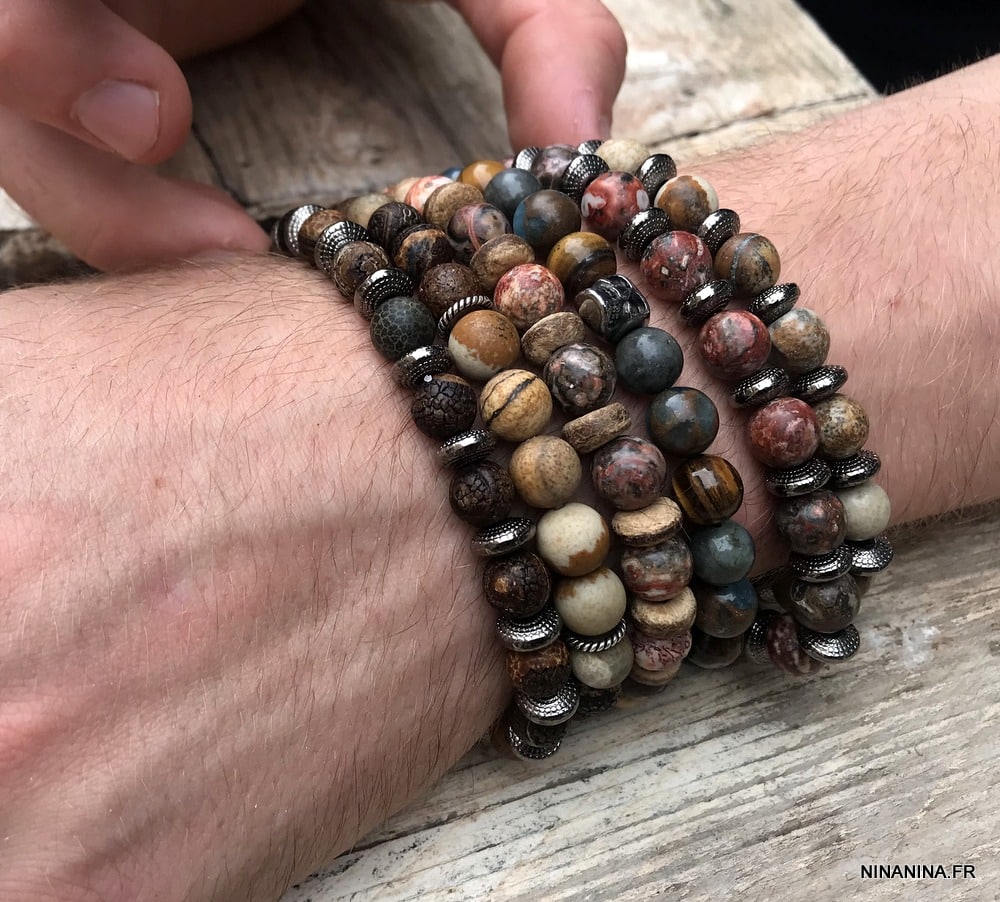 bracelet homme pierre naturelle jaspe paysage agate noire cuir acier  inoxydable