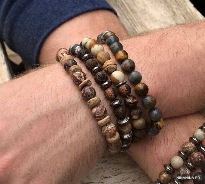 N7172N Bracelet jaspe paysage marron homme ou femme boules 8mm - Bijoux Bracelets en ligne Ninanina
