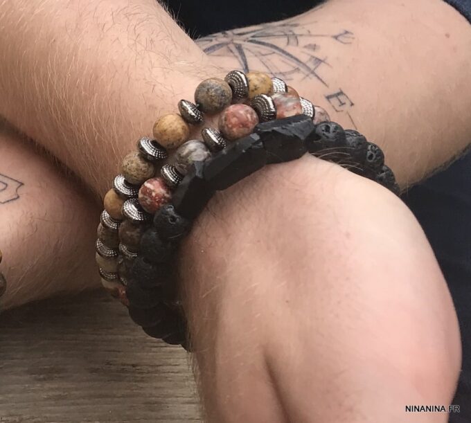 N7172O Bracelet jaspe paysage marron homme ou femme boules 8mm - Bijoux Bracelets en ligne Ninanina