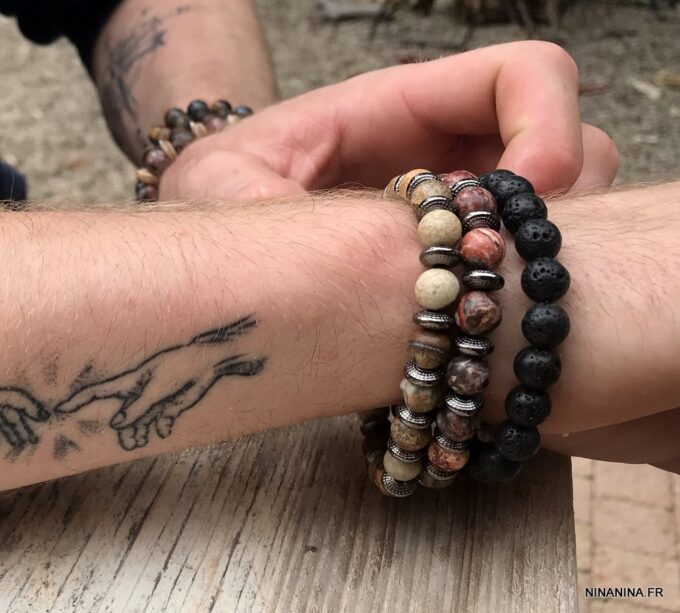 N7172Q Bracelet jaspe paysage marron homme ou femme boules 8mm - Bijoux Bracelets en ligne Ninanina