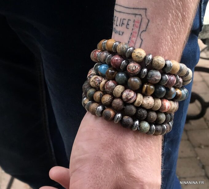 N7172R Bracelet jaspe paysage marron homme ou femme boules 8mm - Bijoux Bracelets en ligne Ninanina