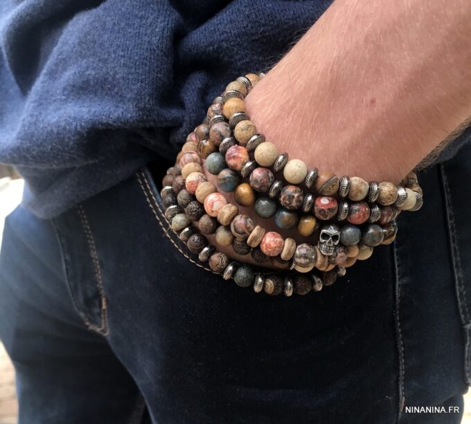 N7172S Bracelet jaspe paysage marron homme ou femme boules 8mm - Bijoux Bracelets en ligne Ninanina
