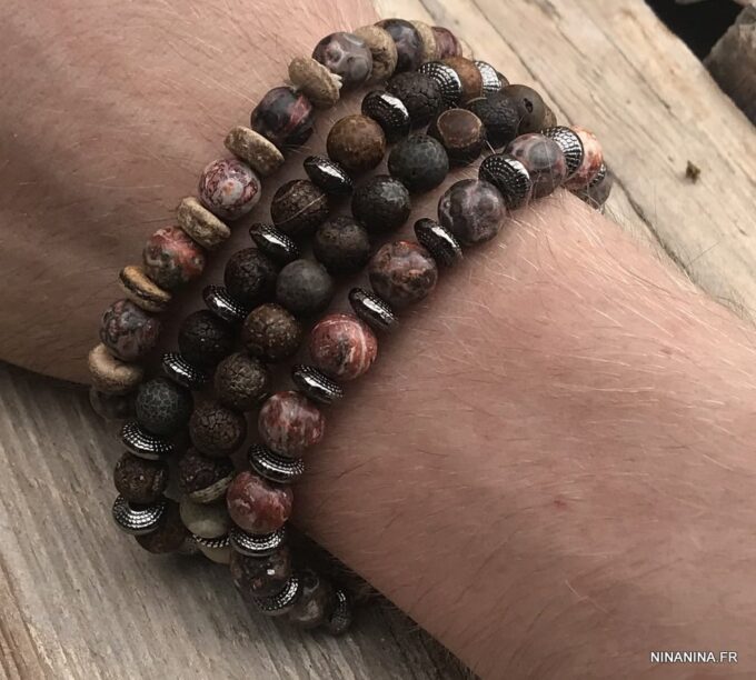 N7172T Bracelet jaspe paysage marron homme ou femme boules 8mm - Bijoux Bracelets en ligne Ninanina