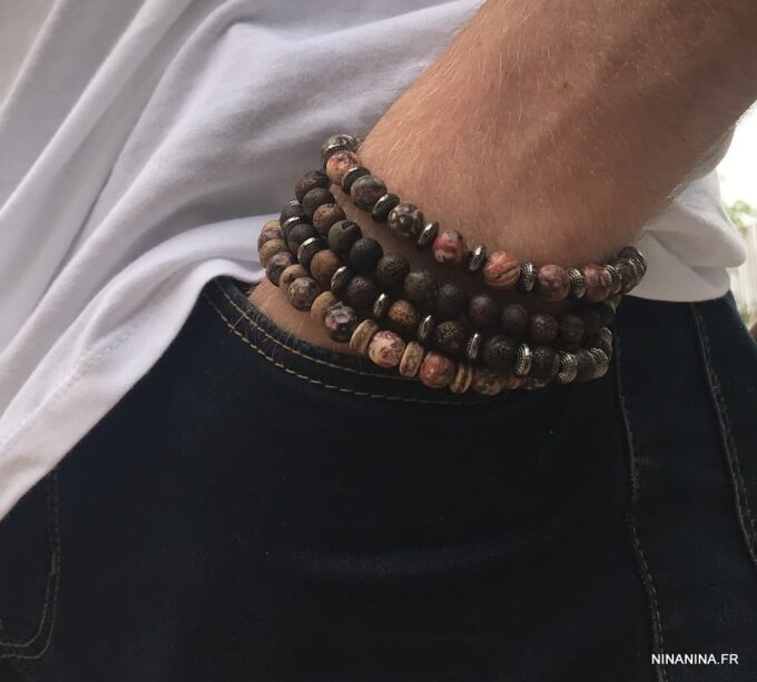 N7172U Bracelet jaspe paysage marron homme ou femme boules 8mm - Bijoux Bracelets en ligne Ninanina