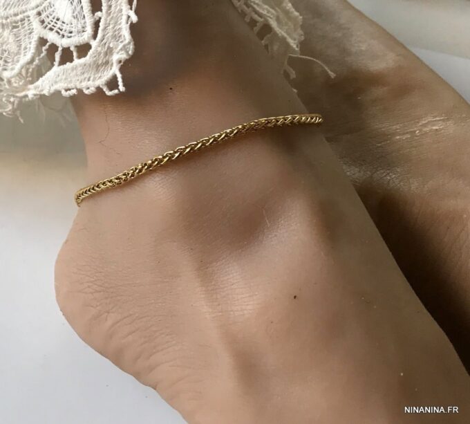 N7175 Bracelet de cheville maille torsade femme et homme acier doré - Bijoux Bracelets en ligne Ninanina