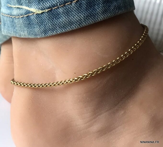 N7175 Bracelet de cheville maille torsade femme et homme acier doré - Bijoux de pieds en ligne Ninanina