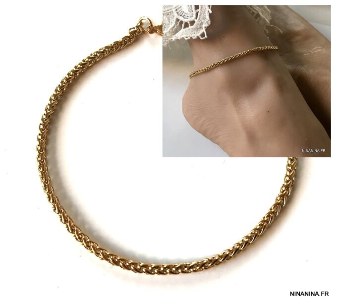 N7175a Bracelet de cheville maille torsade femme et homme acier doré - Bijoux Bracelets en ligne Ninanina