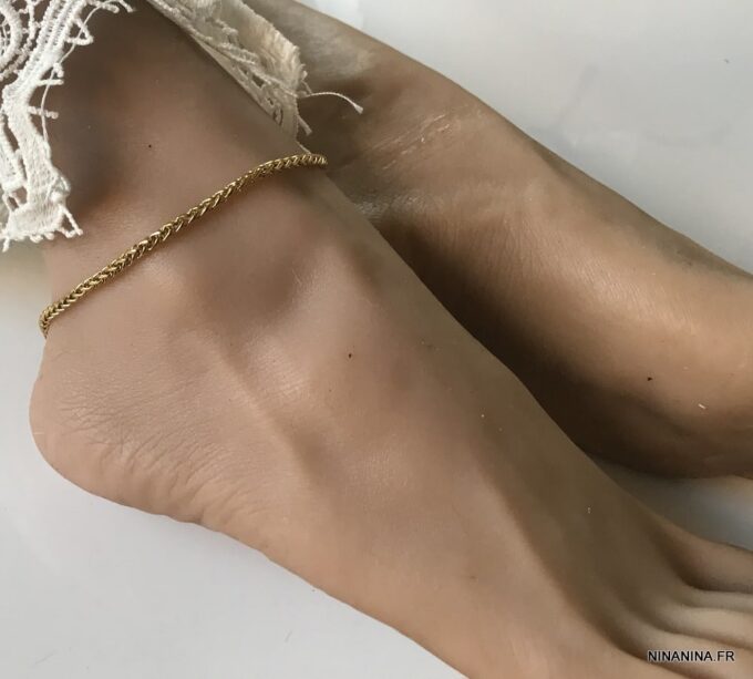 N7175b Bracelet de cheville maille torsade femme et homme acier doré - Bijoux Bracelets en ligne Ninanina