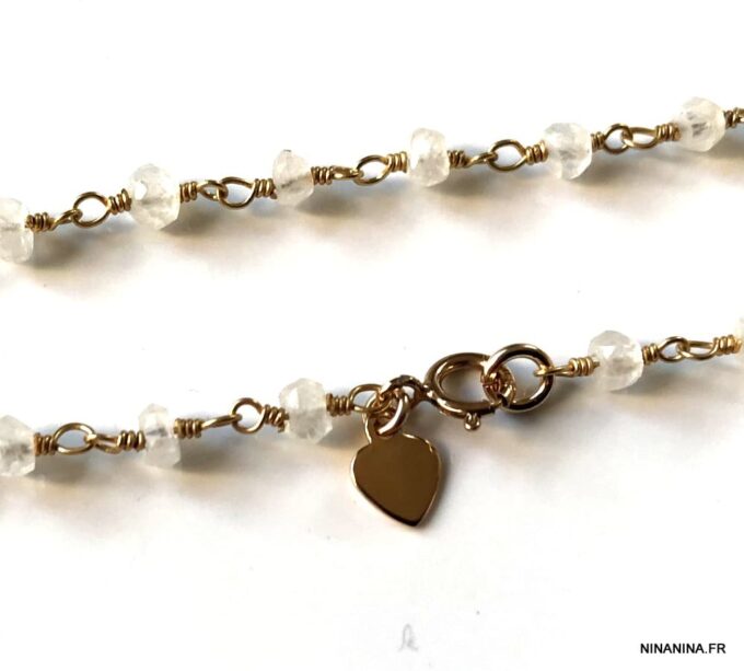 N7149c Sautoir pierres naturelles coeur plaqué or pierre de lune - Bijoux Colliers en ligne Ninanina