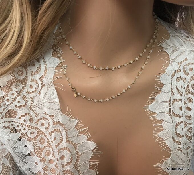 N7149e Sautoir pierres naturelles coeur plaqué or pierre de lune - Bijoux Colliers en ligne Ninanina