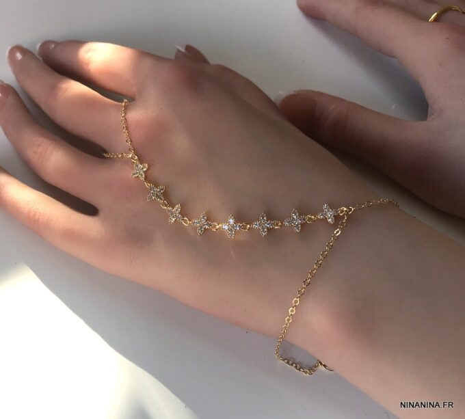 N7177b Chaine de main avec bague plaqué or et zirconium - Bijoux de main en ligne Ninanina