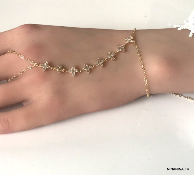 N7177c Chaine de main avec bague plaqué or et zirconium - Bijoux de main en ligne Ninanina