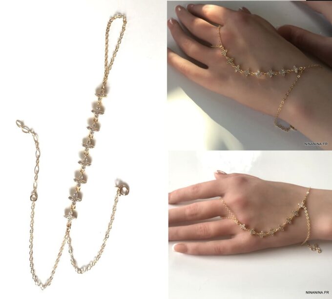 N7177d Chaine de main avec bague plaqué or et zirconium - Bijoux de main en ligne Ninanina