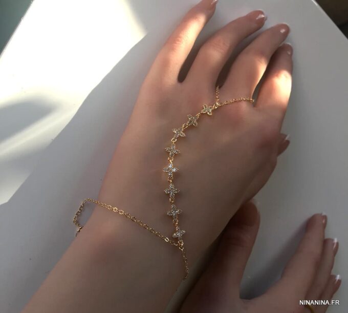 N7177h Chaine de main avec bague plaqué or et zirconium - Bijoux de main en ligne Ninanina