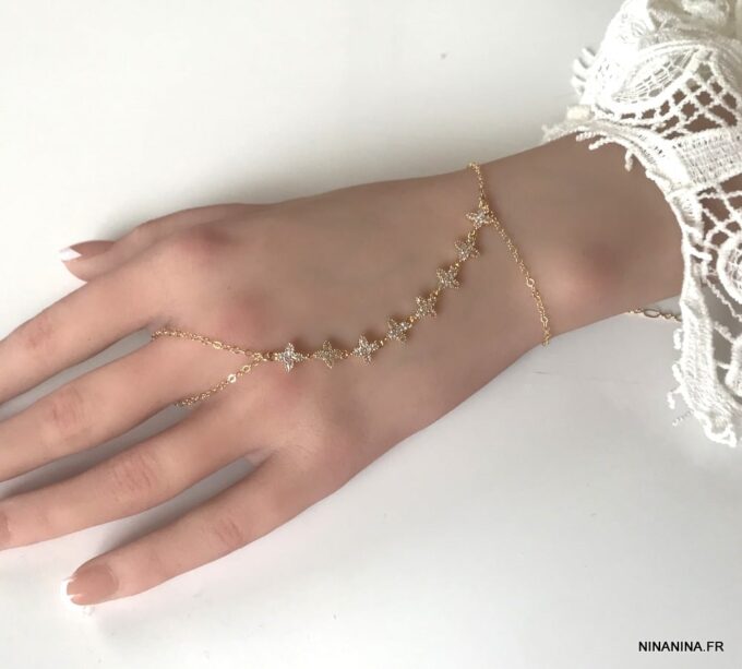 N7177i Chaine de main avec bague plaqué or et zirconium - Bijoux de main en ligne Ninanina