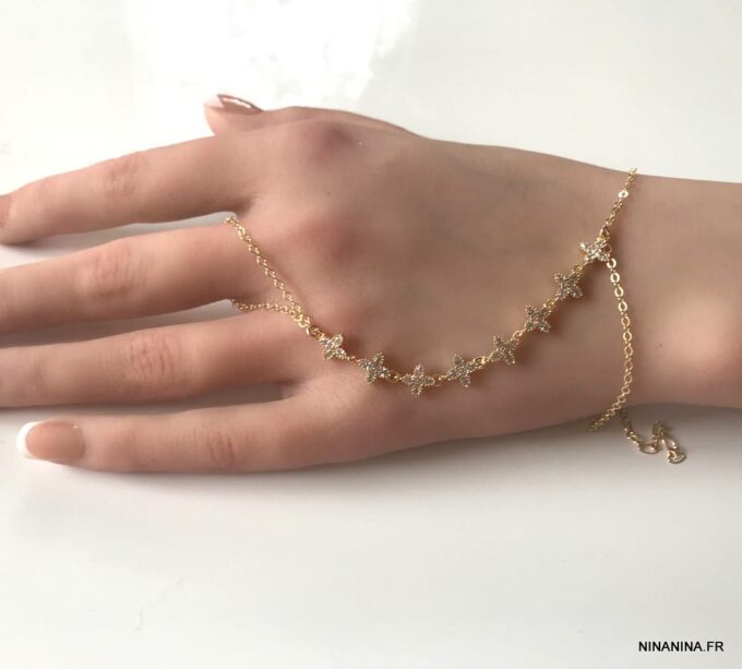N7177j Chaine de main avec bague plaqué or et zirconium - Bijoux de main en ligne Ninanina