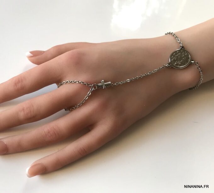 N7183 Bracelet bague religieux vierge et croix acier inoxydable - Bijoux Bra