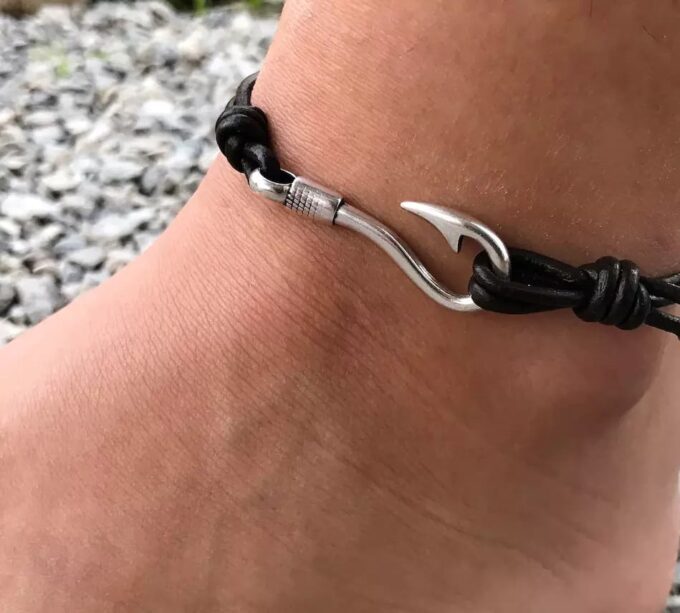 N7187a Bracelet de cheville cordon cuir homme crochet marin - Bijoux Bracelets en ligne Ninanina