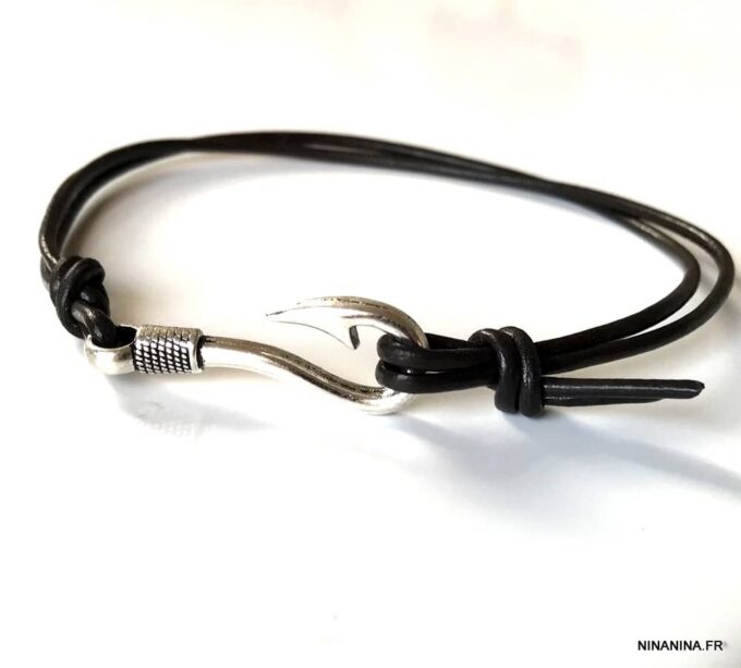 N7187b Bracelet de cheville cordon cuir homme crochet marin - Bijoux Bracelets en ligne Ninanina