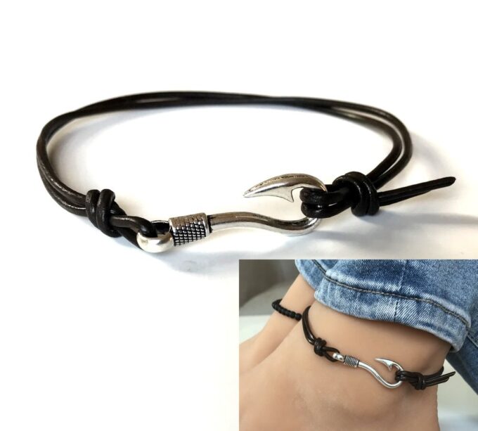 N7187f Bracelet de cheville cordon cuir homme crochet marin - Bijoux Bracelets en ligne Ninanina
