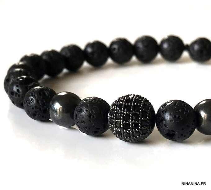 N7188b Bracelet boule brillante zirconium noir et hematite homme - Bijoux Bracelets en ligne Ninanina