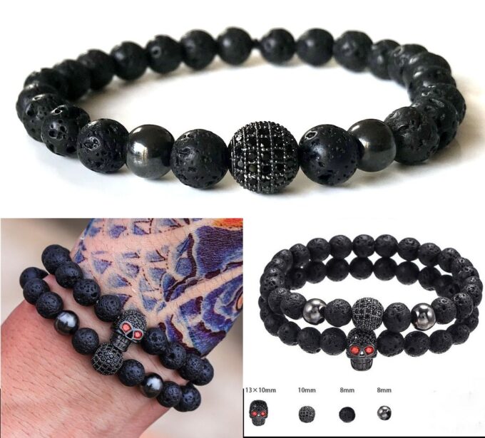 N7188c Bracelet boule brillante zirconium noir et hematite homme - Bijoux Bracelets en ligne Ninanina