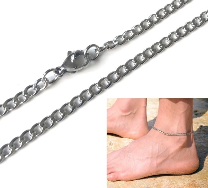 N7203b Chaine cheville homme ou femme maille gourmette acier inoxydable argenté - Bijoux Chaines en ligne Ninanina